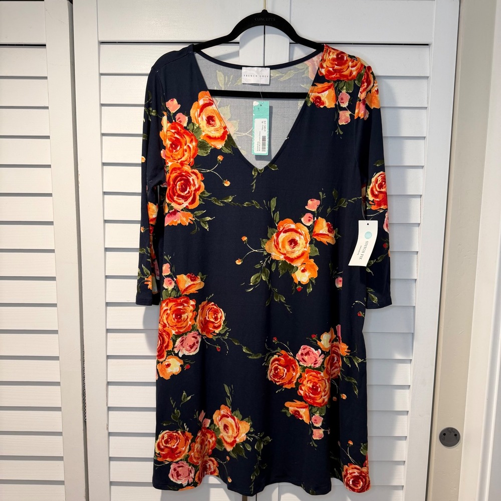 French Grey Biona Brushed Knit Dress Navy Floral V-Neck 3/4 Sleeve XL NEW‎